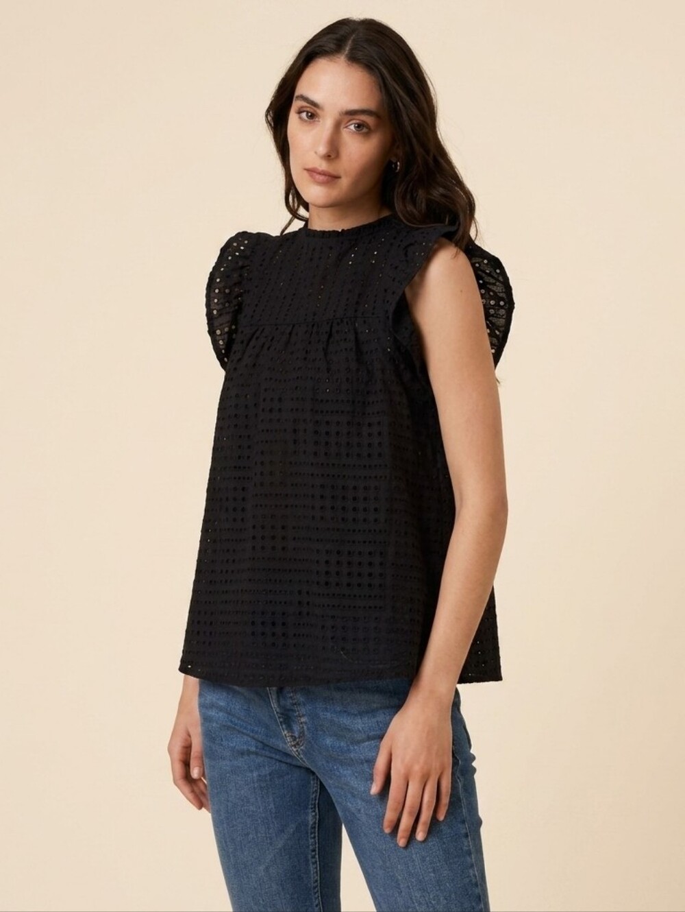 Amour Vert Black Eyelet Ruffle Sleeve Top